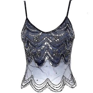 Y2K Bebe Beaded Sequin Scalloped Mesh Sparkly Camisole Tank Top Silver Gray XS